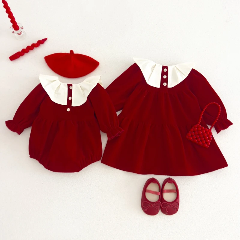 2026 New Girls' Red Dress Baby Petal Collar Holiday Long Sleeved Princess Dress