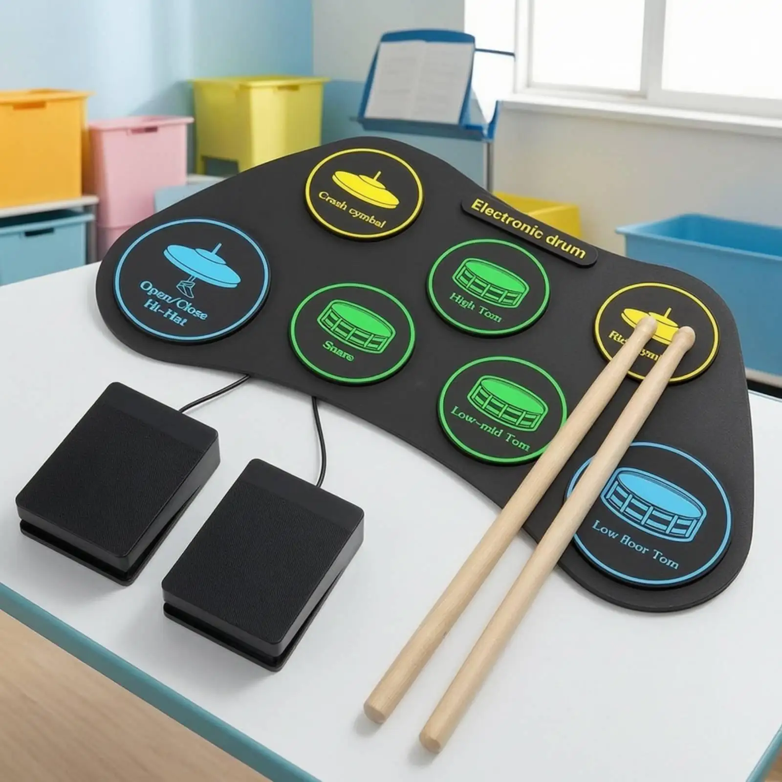 Portable Electronic Drum Pad with Pedals Compact Electronic Tabletop Drum Set