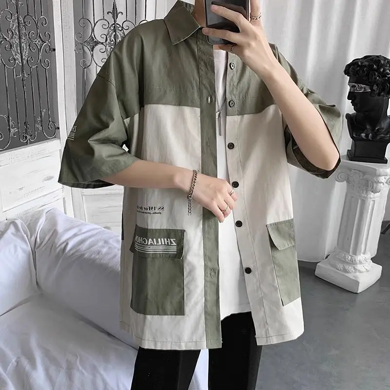

Short-sleeved Shirt Men's Casual Loose Hong Kong Style Work Shirt Summer Harajuku Style Contrasting Top