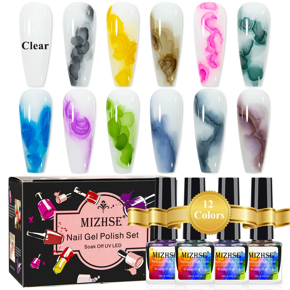 

MIZHSE 6/12pcs/Set Gel Nail Polish Set Blooming Watercolor Ink Flowers Semi Permanent Enamel Varnish Nail Polish for Nails Art