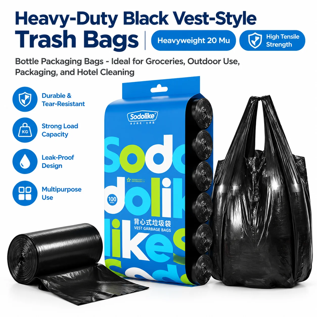 Durable Black PE Plastic Bags Heavy-Duty Black Vest-Style Trash Bags High Tensile Strength Bottle Packaging Bags 100-300pcs