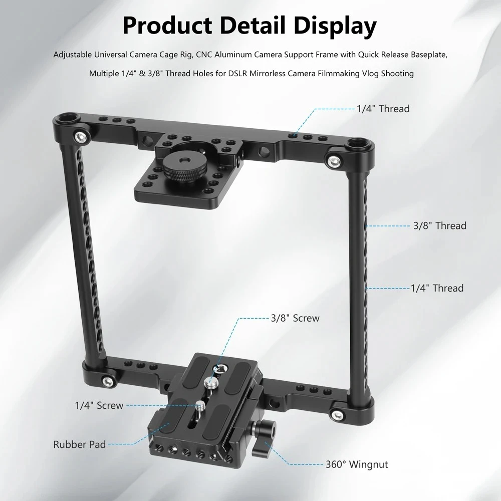 Height‑Adjustable Full Camera Cage with Manfrotto‑Type Quick Release Plate for Sony Canon Nikon DSLR Mirrorless Camera