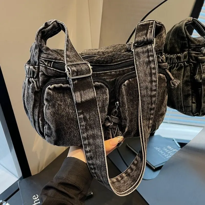 

JIAERDI Retro Denim Simple Tote Bag Women Multi-pocket Large Capacity Shoulder Bag Ladies Everyday Casual Commute Crossbody Bags