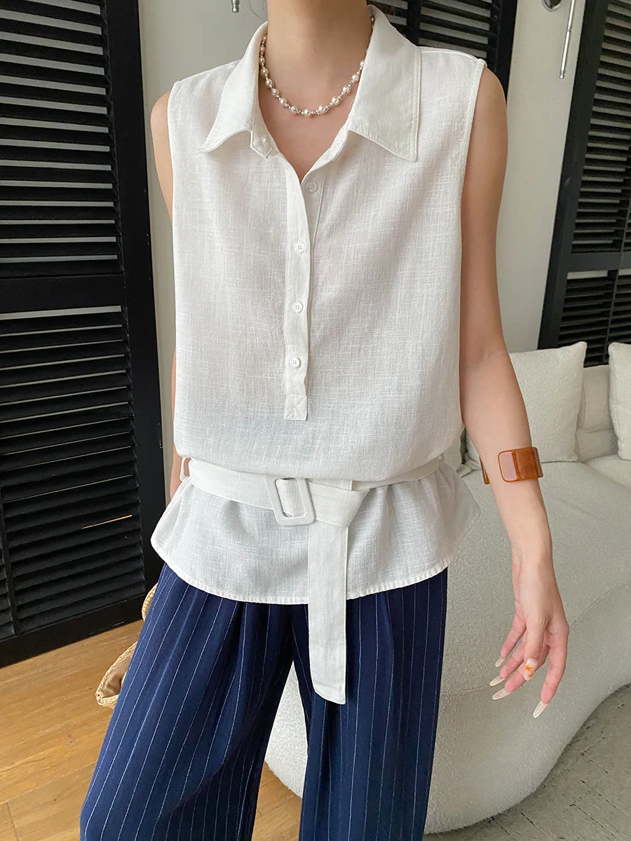 Sommerliches Damen-Tanktop mit einfarbigem Kragen und lockerem Schnitt am Bund – Detail 21