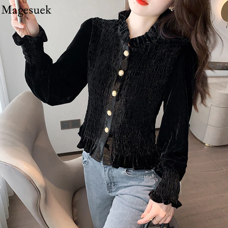 

Fashion Autumn and Winter Velvet Women's Shirt 2021 New Slim Fit Pleated Elegant Blouse Long Sleeve Women's Bottoming Top 17674