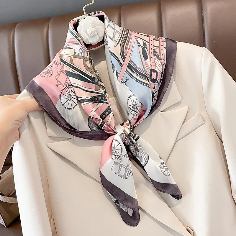 Luxury Design Carriage Print Silk Square Scarf for Women Fashion Skinny Neck Tie Soft Satin Hijab Female Neckerchief Hair Scarf