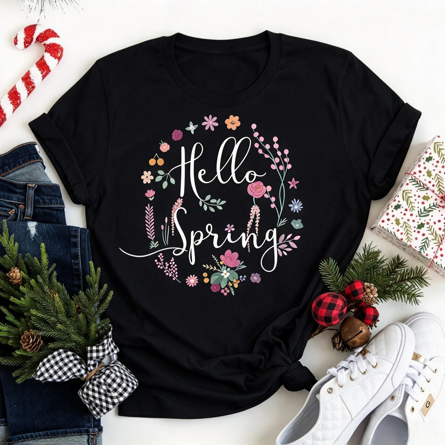 Hello Spring T Shirt Women Floral Wreath Wildflower Print Spring Casual Tops Streetwear Daily Wear Fashion Botanical Ladies Top