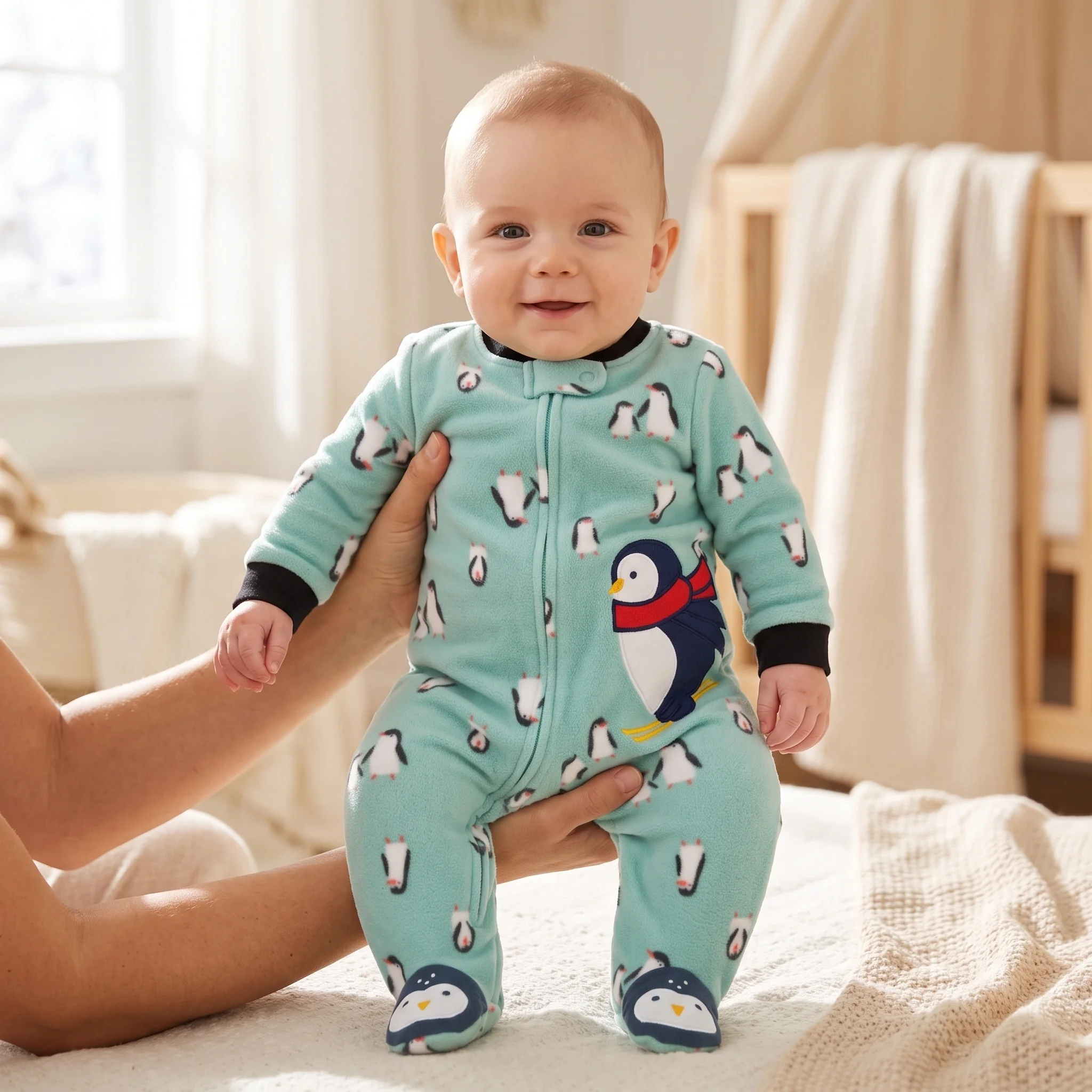 Baby-Strampler für Jungen aus Polar-Fleece mit Füßlingen, gestreift, mit Cartoon-Motiv, süßer Tierstickerei, Reißverschluss, für Herbst und Winter, warme Babykleidung, 3–9 Monate. – Detail 3