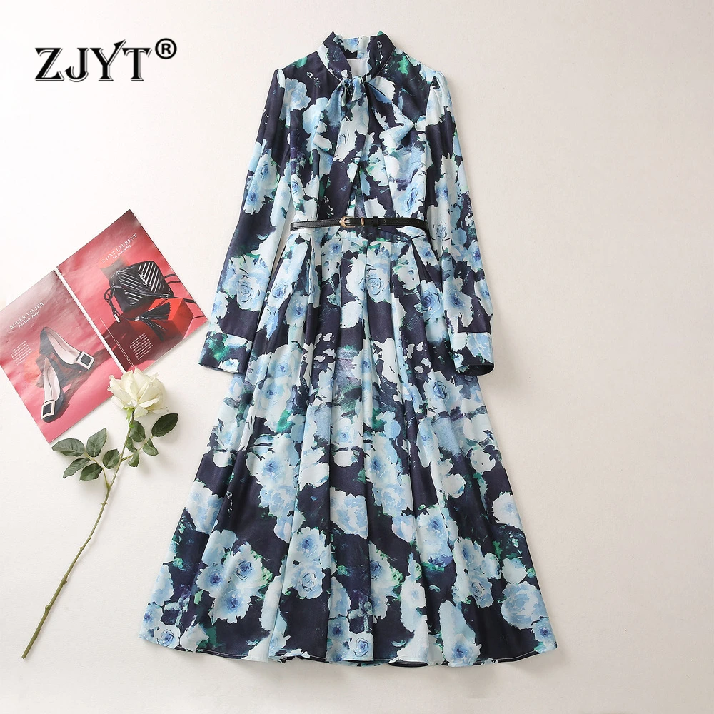 

ZJYT Spring Long Sleeve Dresses for Women Runway Designer Bow Collar Midi Dress Floral Print Casual Vestidos Para Mujer Robe