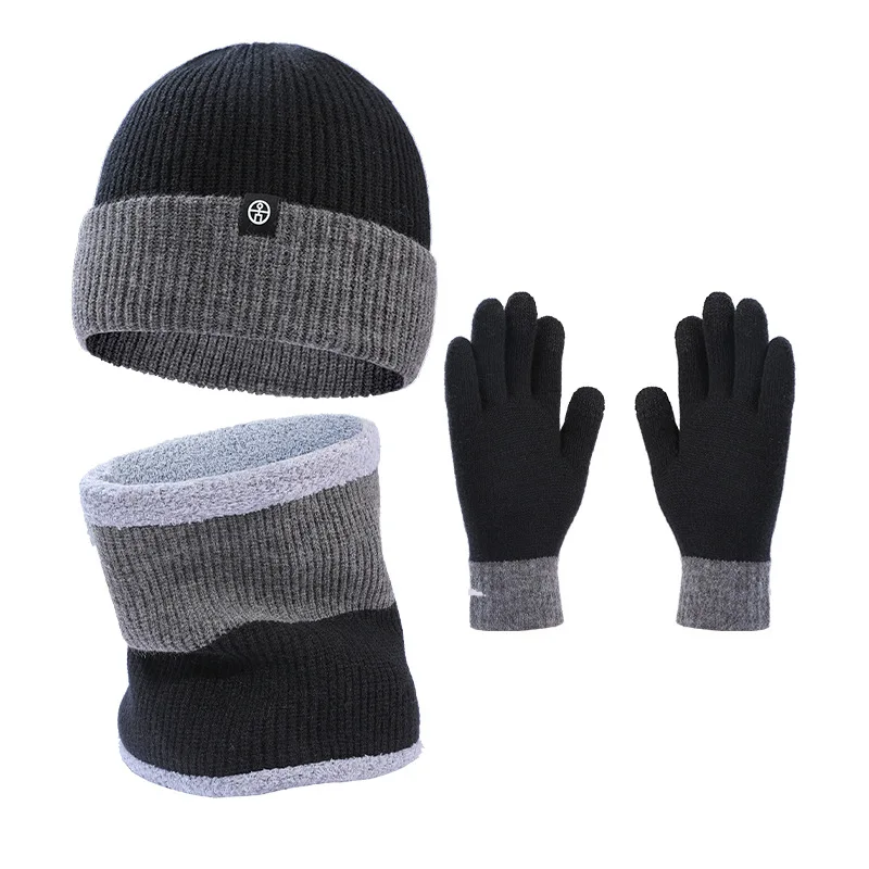 3pcs Winter Hat Snood Glove Sets for Women and Men Beanies Bicolor Knit Double Layer Plush Fleece-lined Winter Cap Sets Scarf