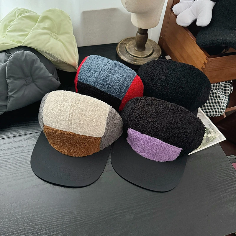 Retro Niche Color Matching 5-panel Fleece Baseball Caps for Women Autumn and Winter Outdoor Leisure Warm Versatile Men's Hat