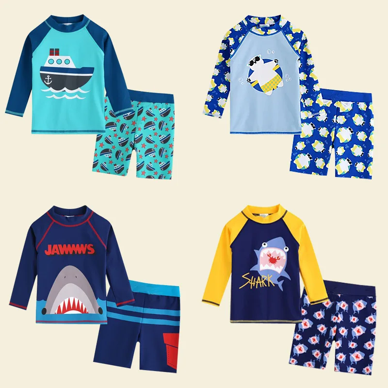 Summer Children's Two-piece Swimsuit Boys Long Sleeve Cute Cartoon Print Sunscreen Quick-Dry Beachwear Baby Surfing Swimwear
