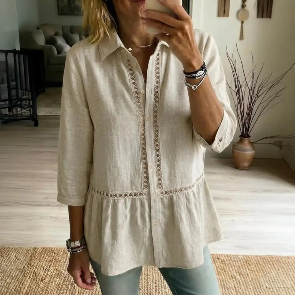 

Женская блузка с рукавом 3/4, топ с отложным воротником, пуговицами и отделкой из тесьмы, с рюшами по низу