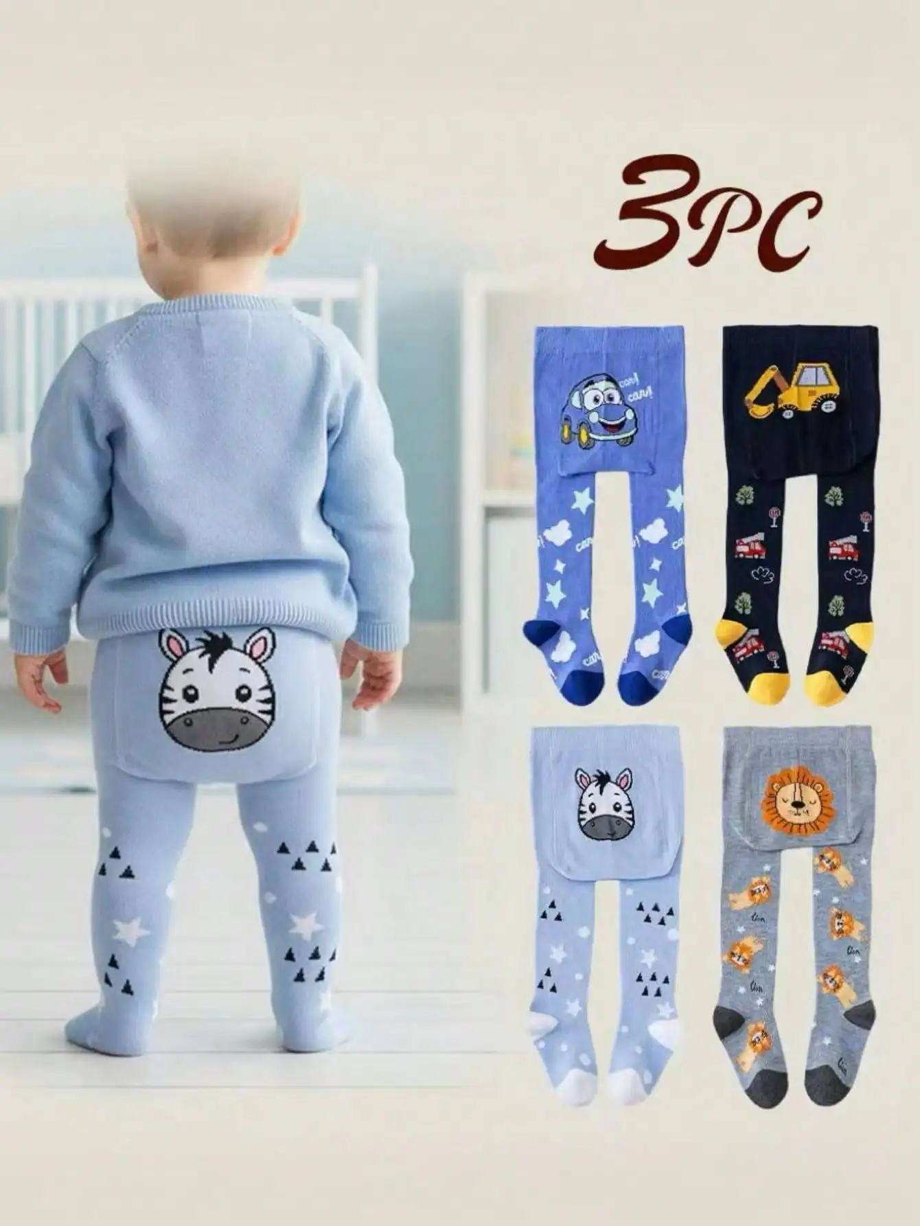 3-piece children's tights, soft and elastic with cute animals, cars and excavators, suitable for autumn and winter wear.