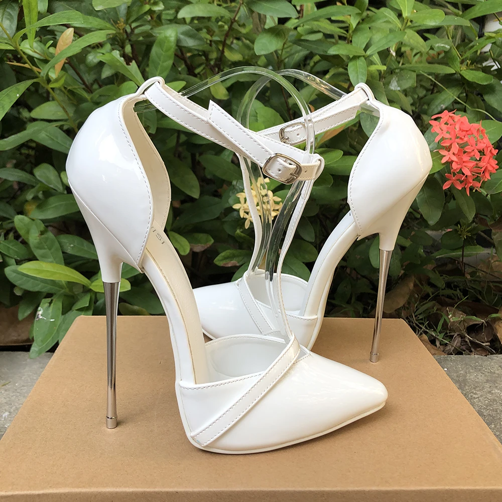 تخصيص جديد وصول مثير الأبيض 16 سنتيمتر المتطرفة المعادن عالية الكعب النساء الخناجر مضخة عبر مضمد الوثن تأثيري أحذية للجنسين