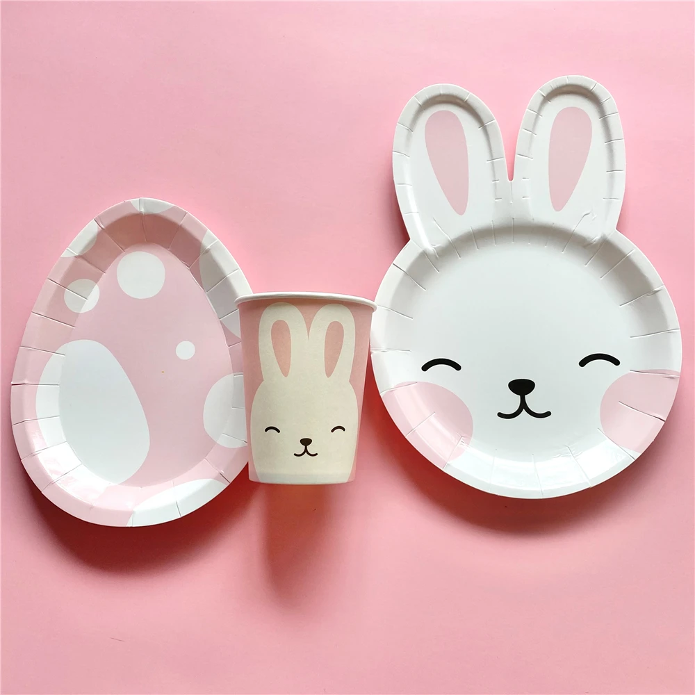 Happy Birthday Decoration Rabbit Bunny Egg Shape Cup Plate Easter Party Decor Disposable Tableware Party Favor