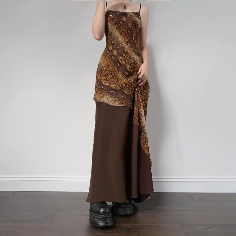 

Brown flowing sand print irregular splicing mesh temperament dress