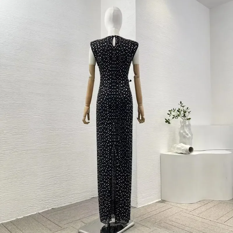 Robe maxi noire avec diamants pour femme, design fendu, fibre découpée, style de fête de luxe, qualité supérieure, nouveau, 2024