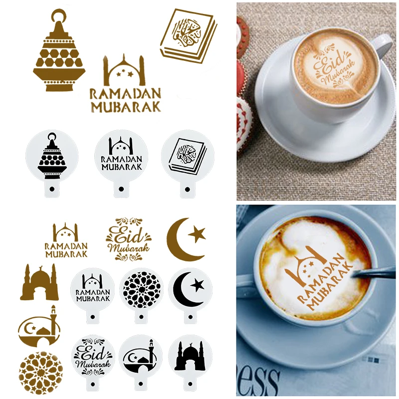 8Pcs Eid Mubarak Coffee Spray Stencils Ramadan Cake Cookie Mold Coffee Letter Template For Home Al-fitr Muslim Party DIY Decor