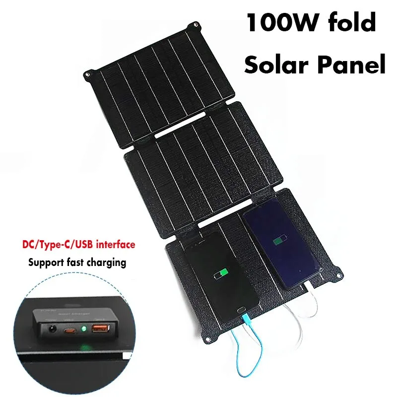 

100W Folding ETFE Solar Panel USB/Type-C/DC Interface Output Solar Folding Charger Power Bank for Phone Outdoor Travel Camping