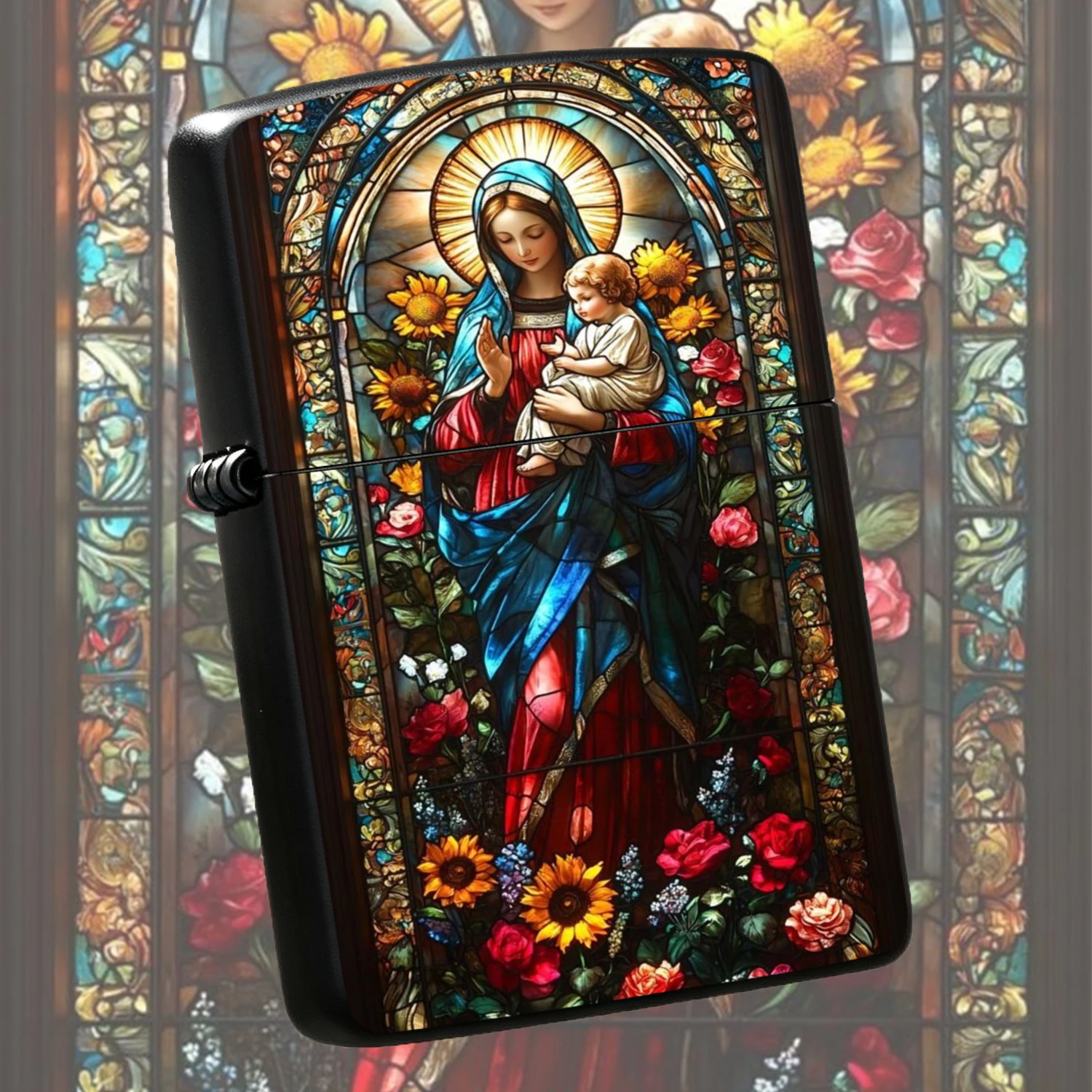 Vintage Stained Glass Virgin Mary And Baby Jesus Pattern, Exquisite Art Style Colorful Glass Saint Print Durable Housing Portable, Creative Aesthetic Decorative Collectible Gift, Durable Unique Religious Themed Practical For Daily Use Gifti