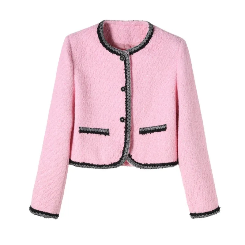 

Pink tweed jacket for spring/autumn women's clothing, new sparkling woven belt splicing, sweet and fragrant short top