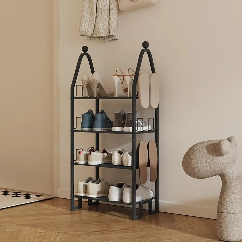 4-Tier Black Metal Shoe Rack Freestanding Shoe Storage Organizer with Side Hanging Hooks Space Saving Shoe Shelf Stand for