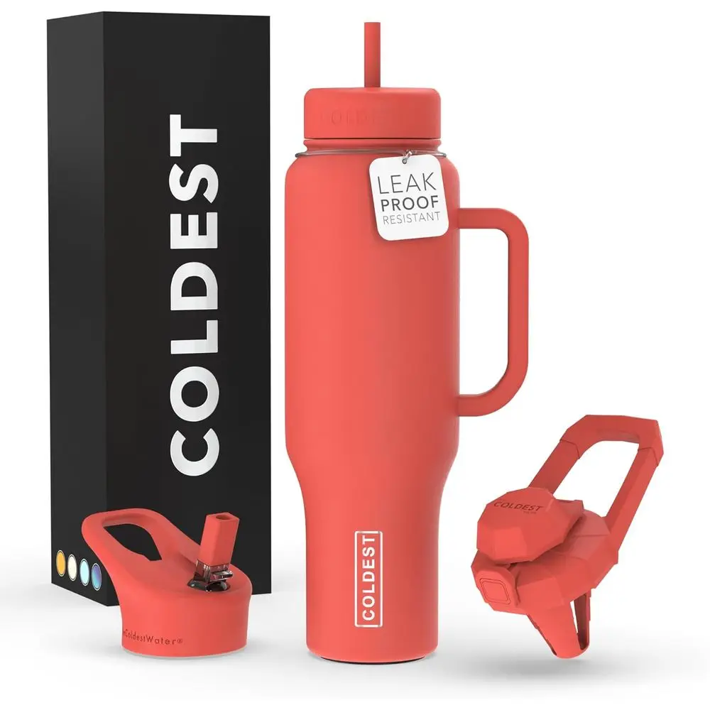 

Leak-Proof Insulated Tumbler with Handle, Straw, and 3 Lids - 46 oz Stainless Steel Cup for Men & Women - Crimson Red