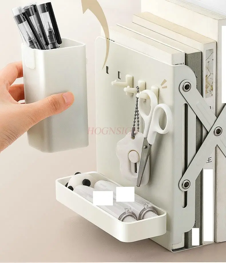1pcs Retractable book stand with pen holder, desktop book storage rack, book clip, integrated folding on the table