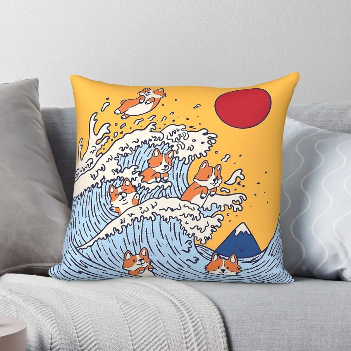 The Great Wave Of Corgis Square Pillowcase Polyester Linen Velvet Printed Zip Decorative Sofa Cushion Cover