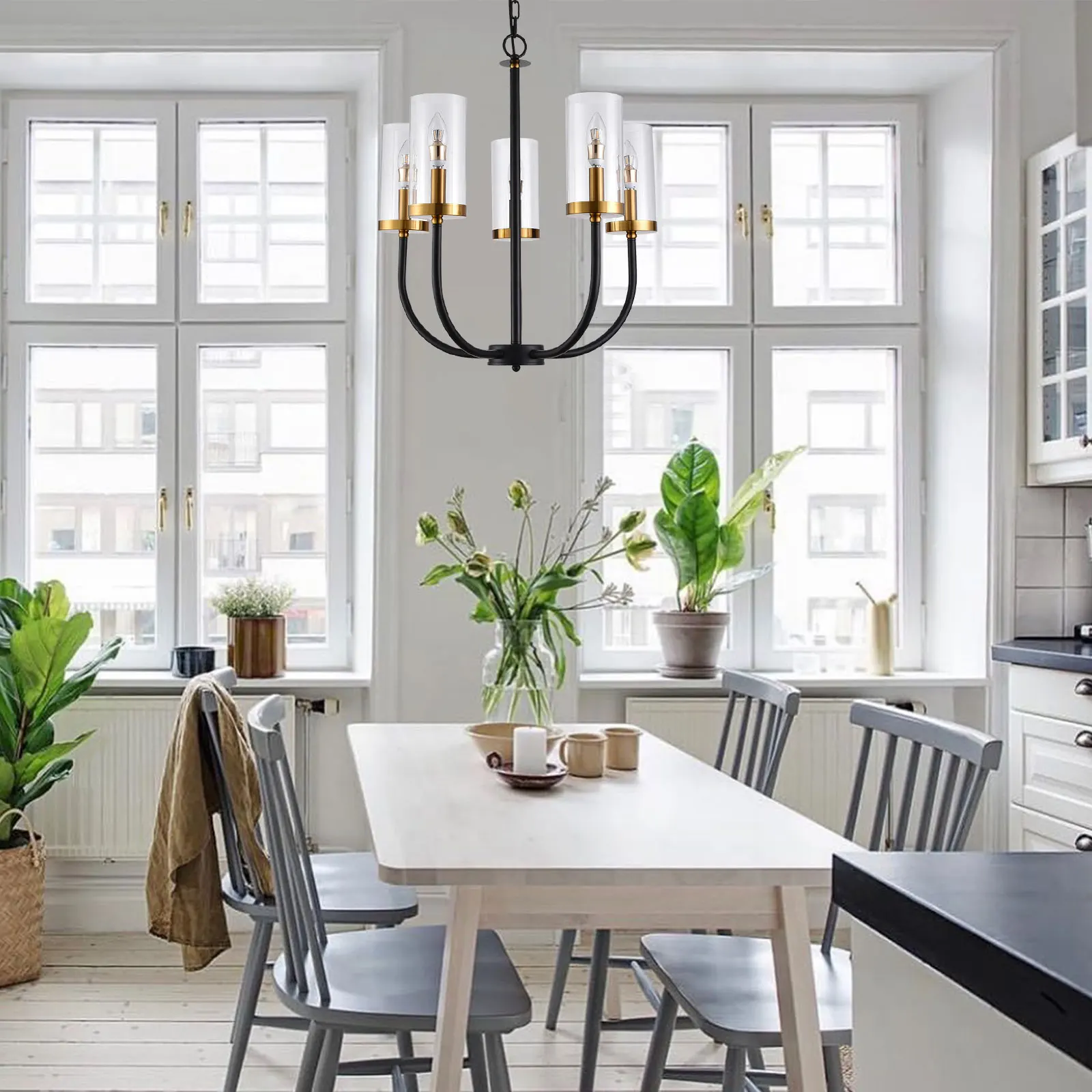 

5 Light Modern Chandelier Black Gold Glass Pendant Light Adjustable Hanging Chain for Dining Room Bedroom Living Room