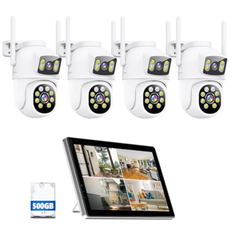 

Wireless Security Camera System for home and business use, aluminum alloy body, black color, dual-lens 4MP+4MP cameras with 2K