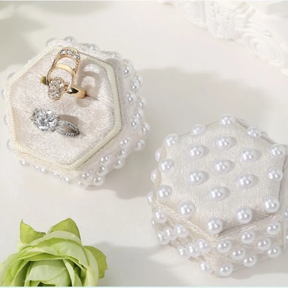 Pearl Velvet Ring Box 2/3 Slots with Detachable Lid Elegant Jewelry Box Wedding Decor Hexagon Ring Gift Box for Wedding Ceremony