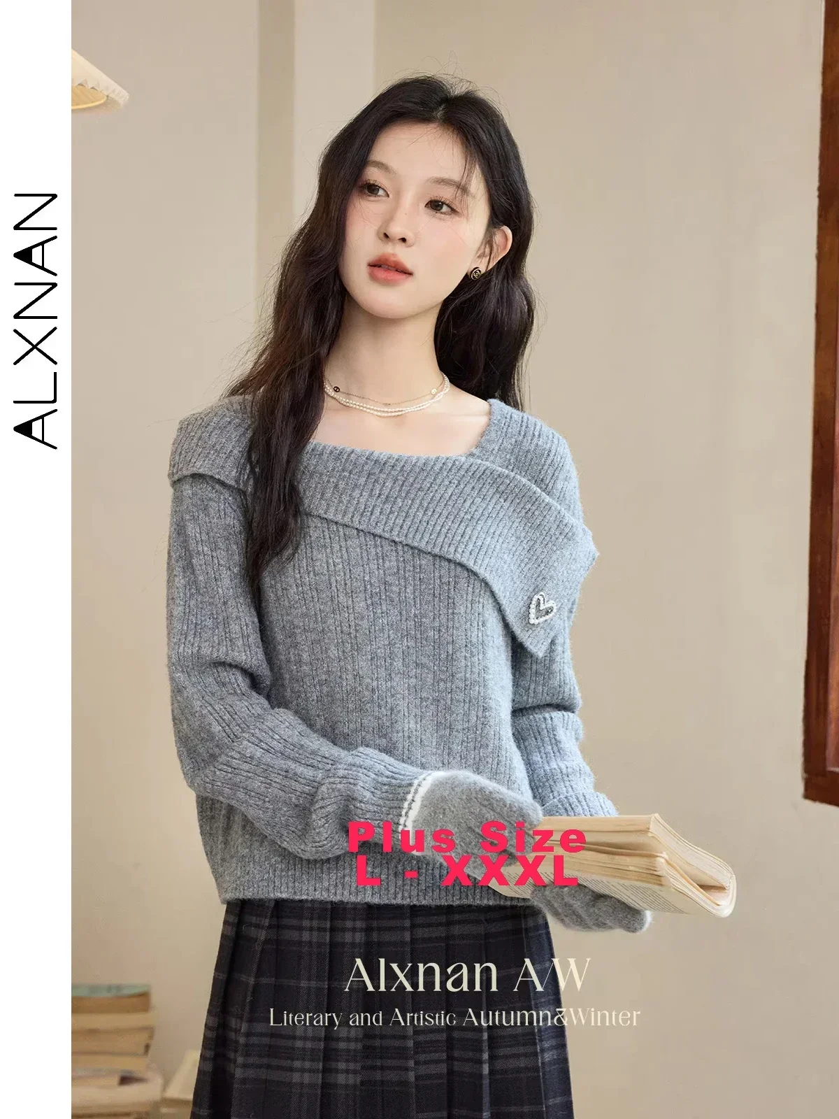 

ALXNAN Women's Plus Size Sweaters Autumn Winter Irregular Skew Collar Metal Sweetheart Wave Cuffs 2024 Female Pullovers D08326