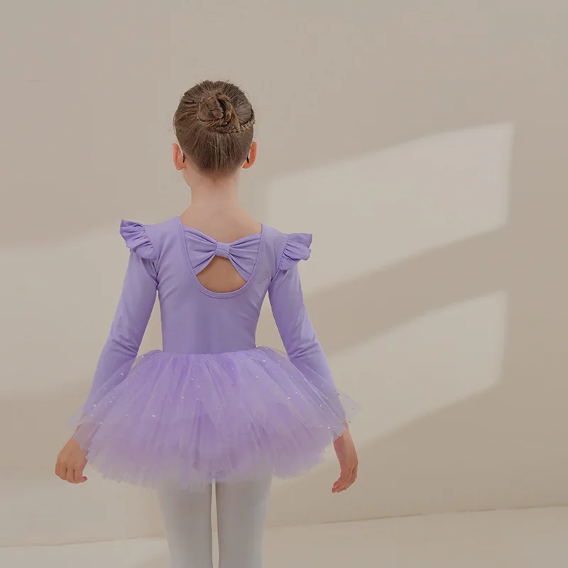 Long Sleeved Ballet Leotards for Girls with Sequin Skirts Set Dance Wear Ballet Tutu Outfits Vestidos Kids Performance Costume