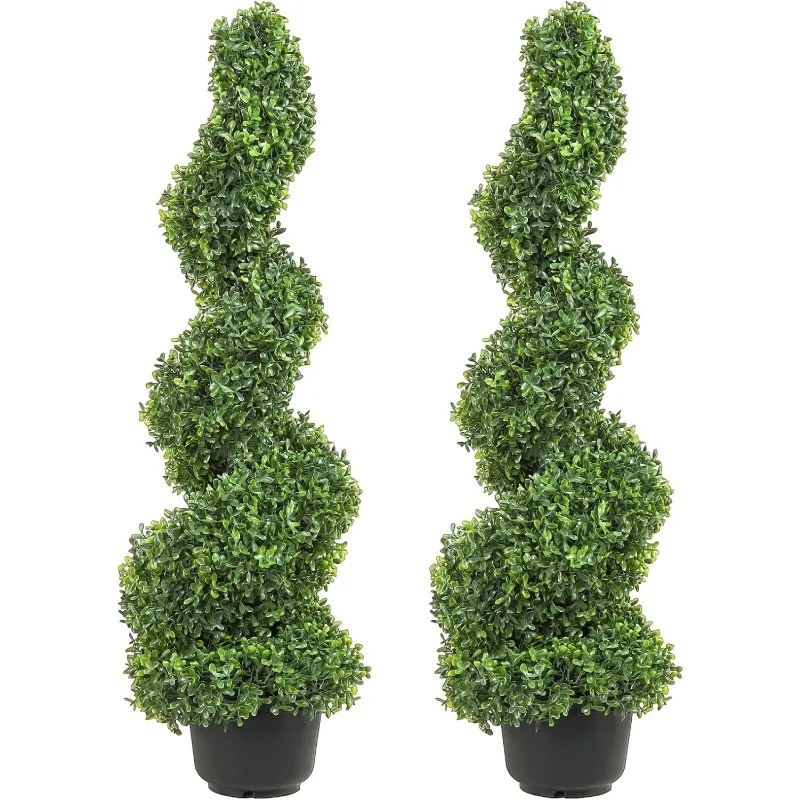 Artificial Boxwood Spiral Topiary Trees, 3ft Tall (2 Pieces) Faux Plant Outdoor, All-Year Green Fake Plant with Replaceable