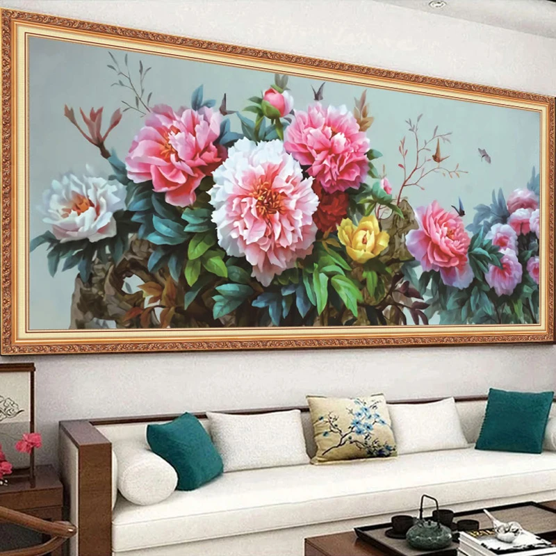 Pink Peony Flowers Pattern DIY Cross Stitch Complete Kits Printed Canvas Embroidery Cotton Thread Needlework Home Decoration