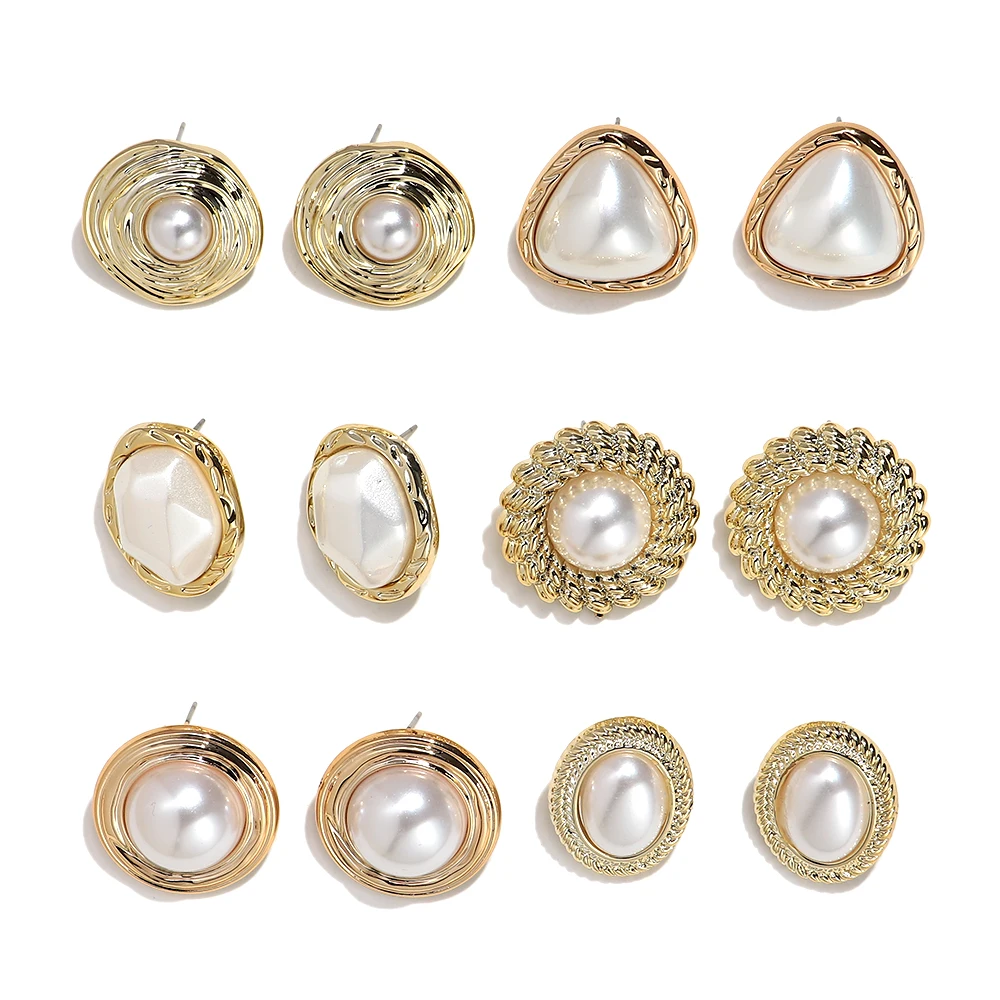 Elegant Resin Pearls Golden Border Stud Earring for Women Exquisite Irregular Geometric Earrings Wedding Daily Party Jewelry