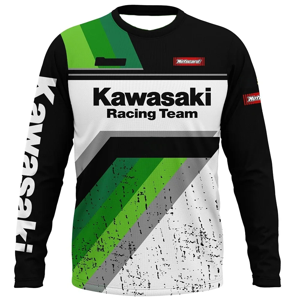 

Летняя мужская футболка с круглым вырезом и длинными рукавами Kawasaki с мотоциклетным принтом, дышащая, быстросохнущая, спортивный, удобный спортивный топ