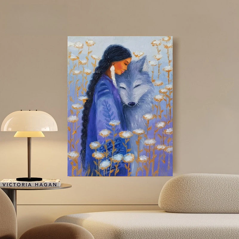 Native Woman Hugging White Wolf Portrait Oil Painting By Numbers Modern Wall Decor for Living Room Bedroom Gift No Frame