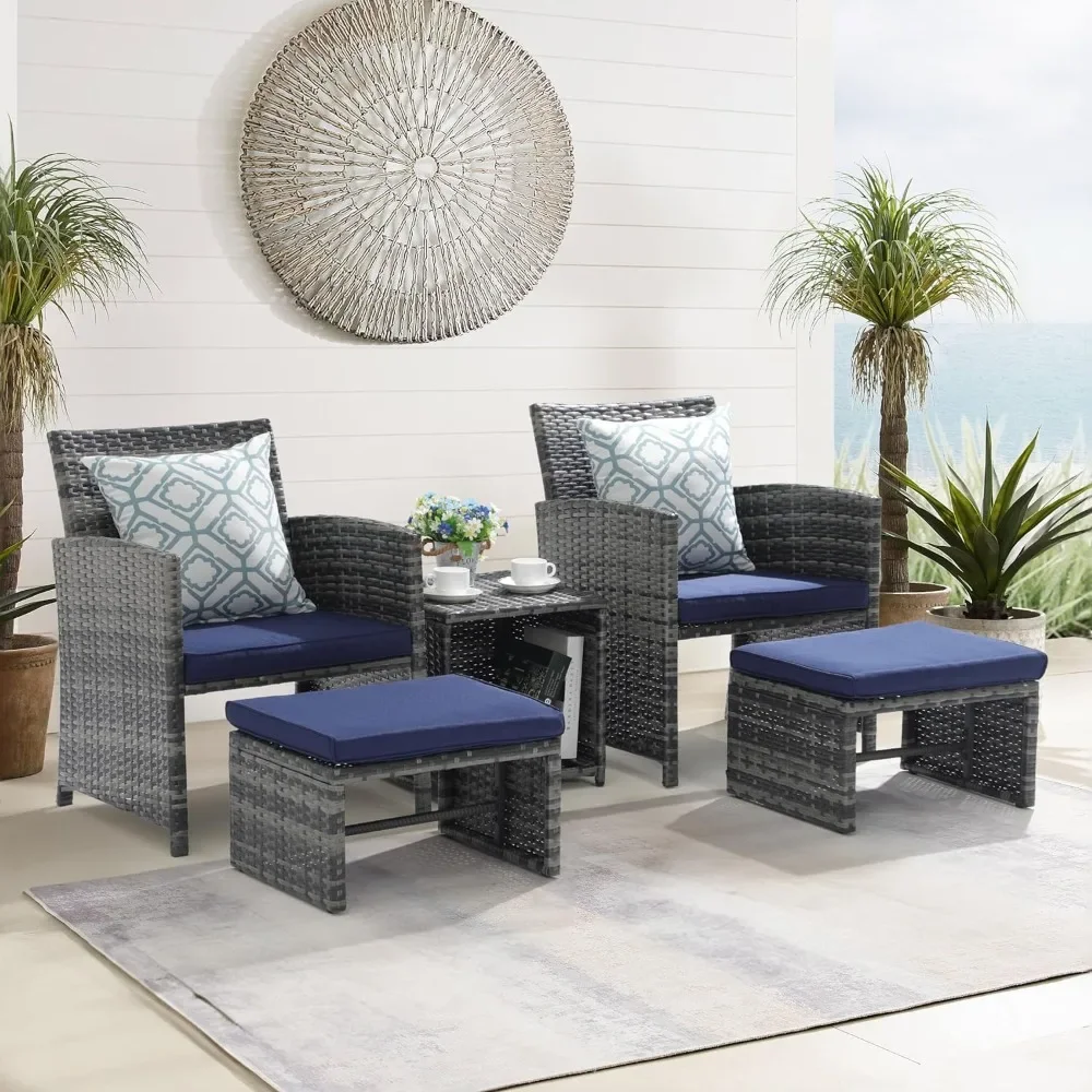 

5 Piece Patio Furniture Set,Wicker Outdoor Conversation and Ottoman Set with Coffee Table,Pillows Included,for Balcony