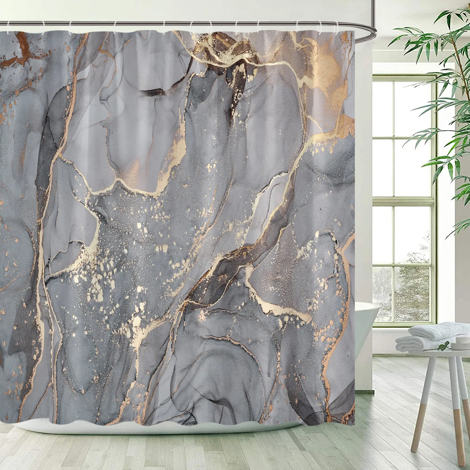 Gray Golden Crackle Marble Shower Curtain Set Modern Creative Marble Texture Fabric Bathroom Decor Curtain and Non-Slip Bath Mat