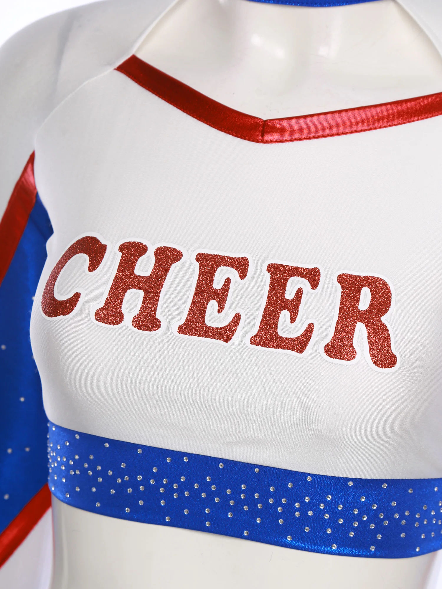 

Womens Cheerleading Uniform Outfits Long Sleeve Hollow Out Metallic Contrast Color Crop Top Shirts + Miniskirt 2Pcs Streetwear