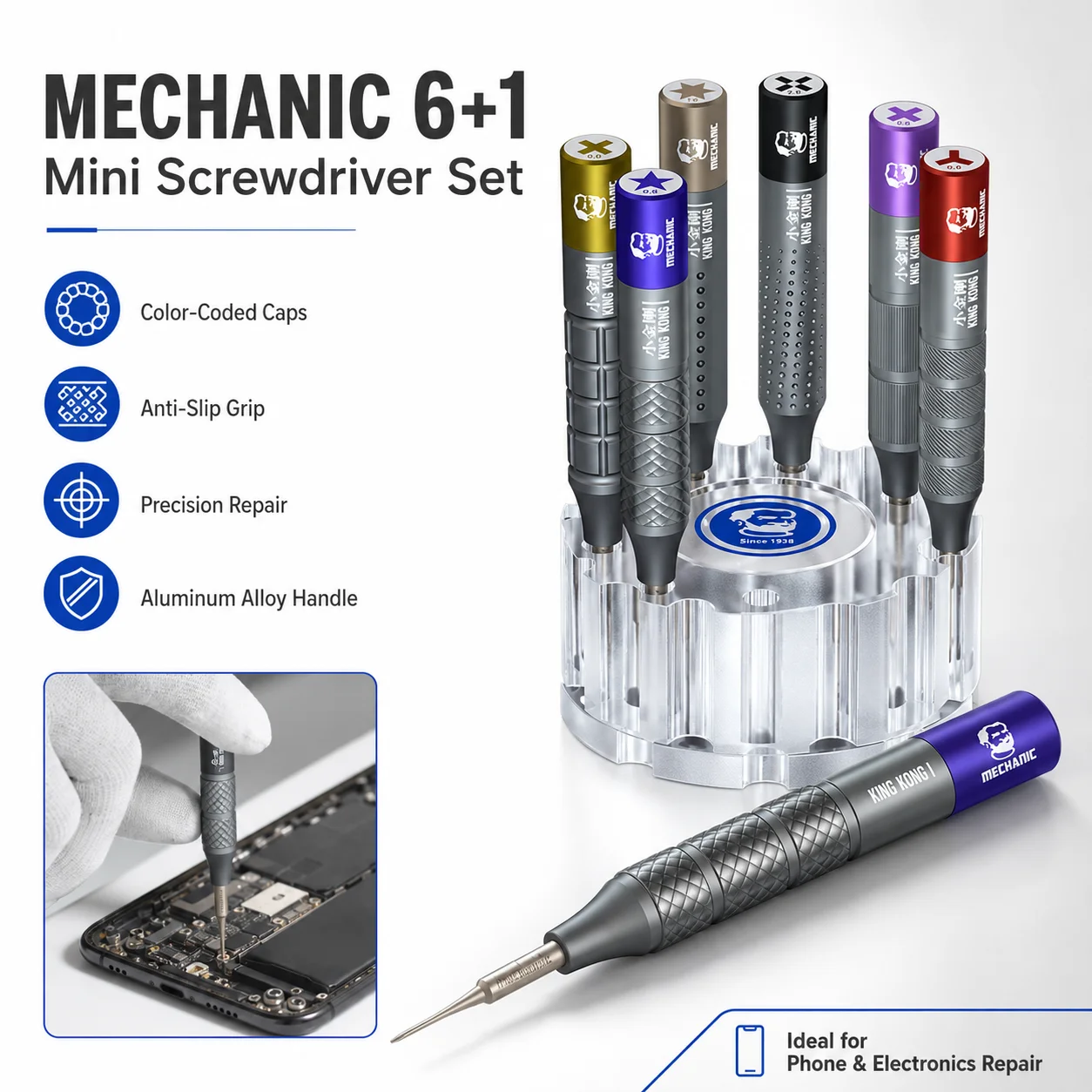 Mechanic KING KONG+ 6Pcs High Hardness Screwdriver Set Cross Y-Type Torx Bits for Mobile Phone Watch Repair Opening Tool Kit Pro