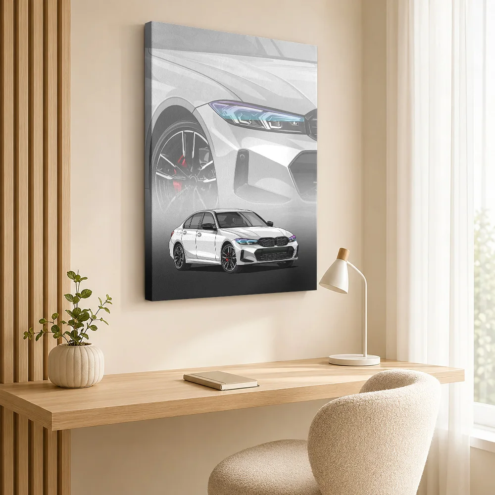 White German M340i Car Framed Canvas Print Personalized Photo Layered Panels With Enlarged Details Wall Art For Den Driver Gift