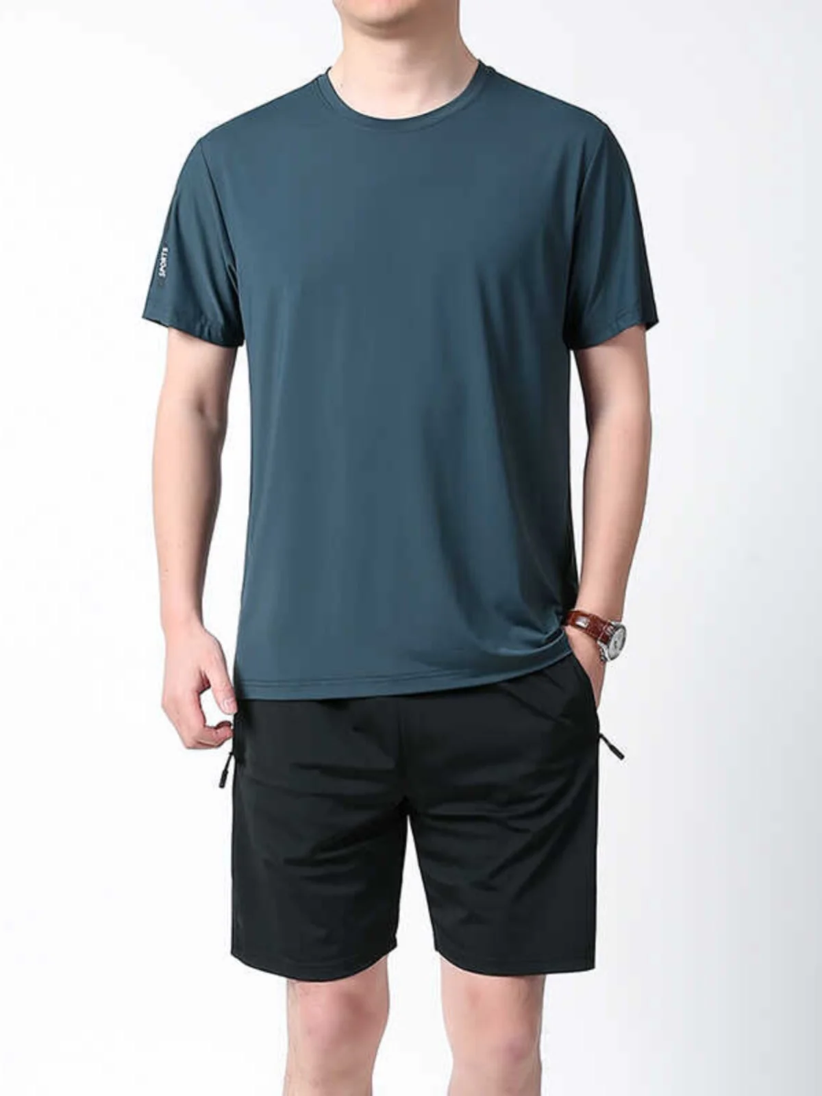 

Ice Silk Qui Dry ort Sve T-irt with orts Fitn Running Suit Morning Exercise Thin Polyester Youth Casual Sportswear