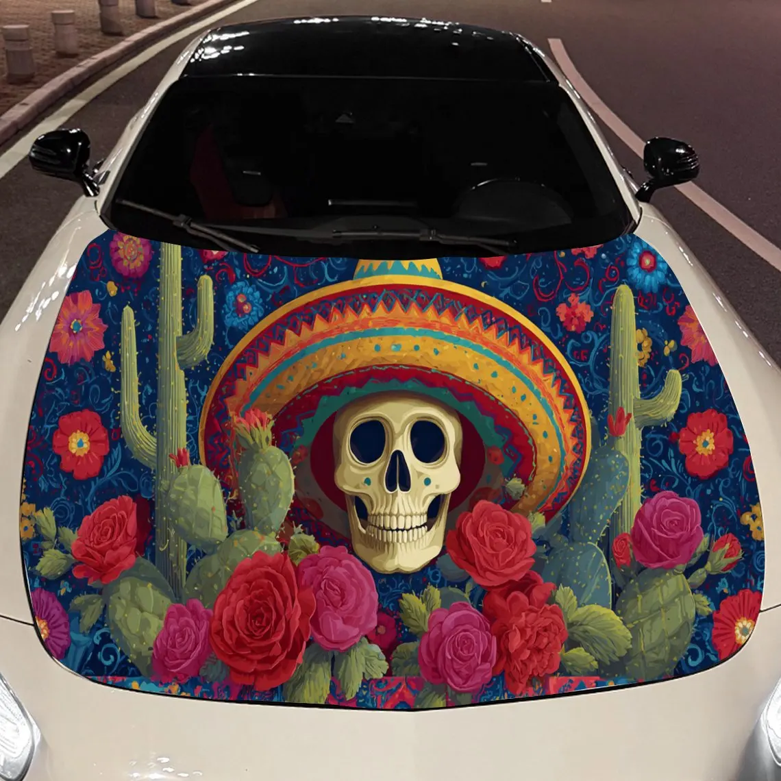 Magical Day of the Dead Cactus Skull Auto Cover Sticker, Waterproof and Self-adhesive Auto Hood Decal, Auto Vinyl Wraps, Cool Ca