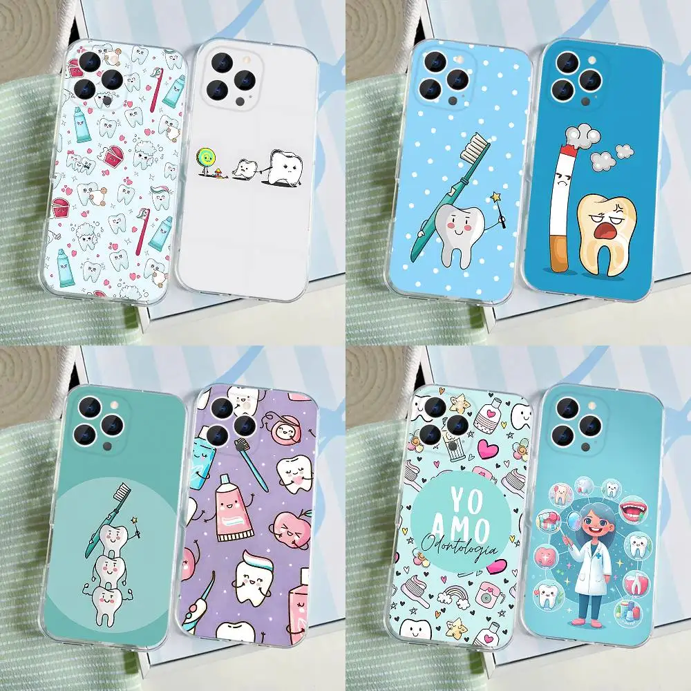 

Cartoon Teeth Dentist Wallpaper Case For iPhone 17,16,15,14,13,12,11 Pro,Max,Plus,X,XS,XR,SE4,E Mini Transparent Soft Cover