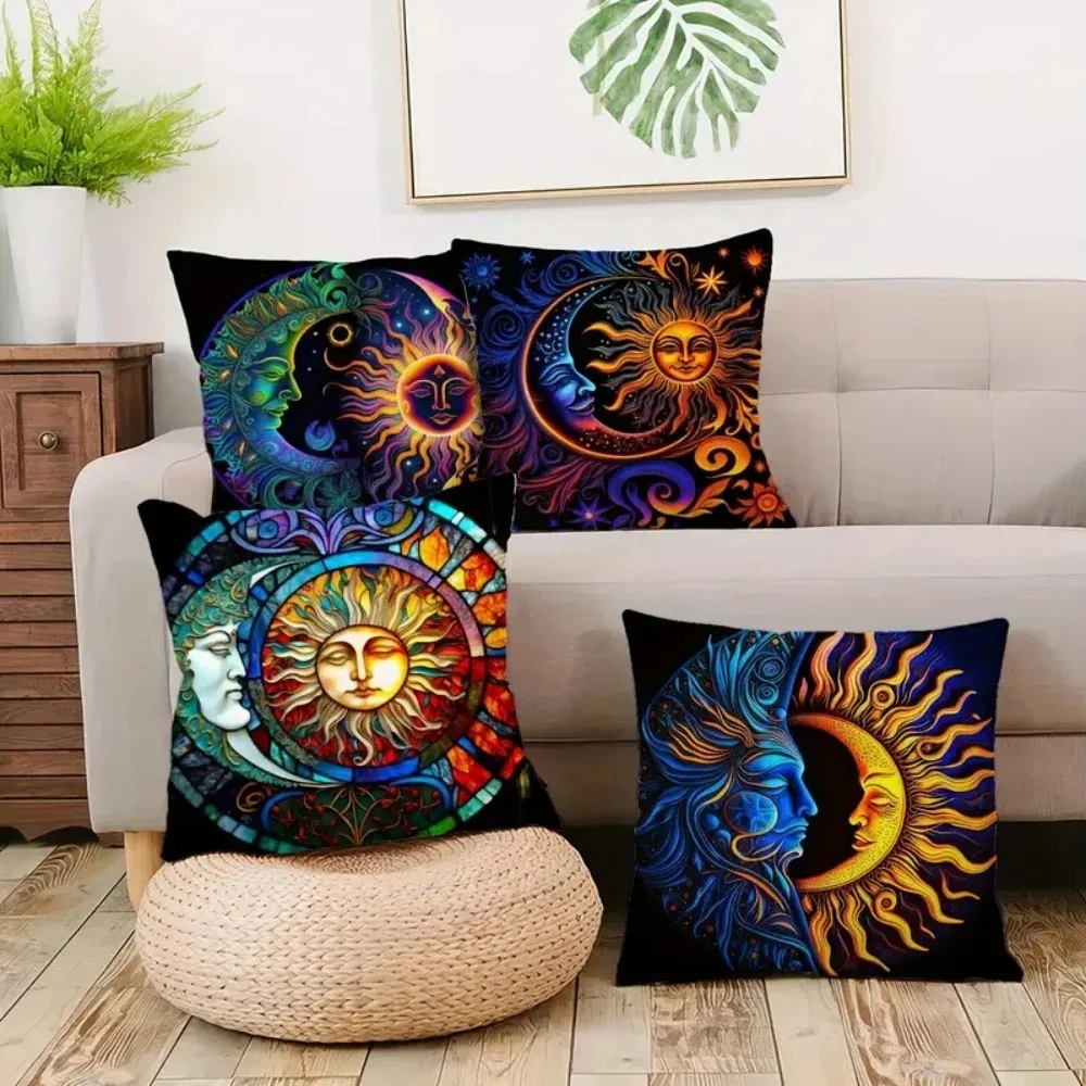 Mystical Sun Moon Celestial Cushion Cover Bohemian Psychedelic Star‑pattern Square Throw Pillow Case Home Decoration