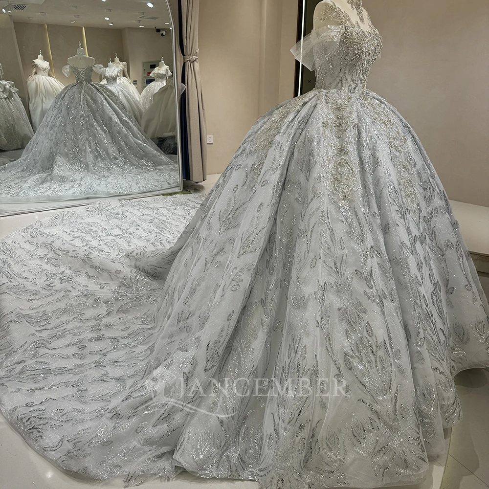 ゴージャスなストラップレスレースビーズウェディングドレスボールガウンカスタマイズされたオーガンザコートトレインセクシーなオフショルダーブライダルドレス